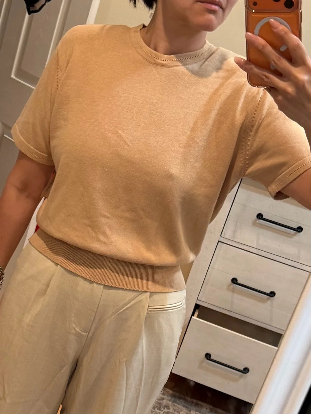 Evan Picone Short-Sleeve Crewneck Sweater - Tan
